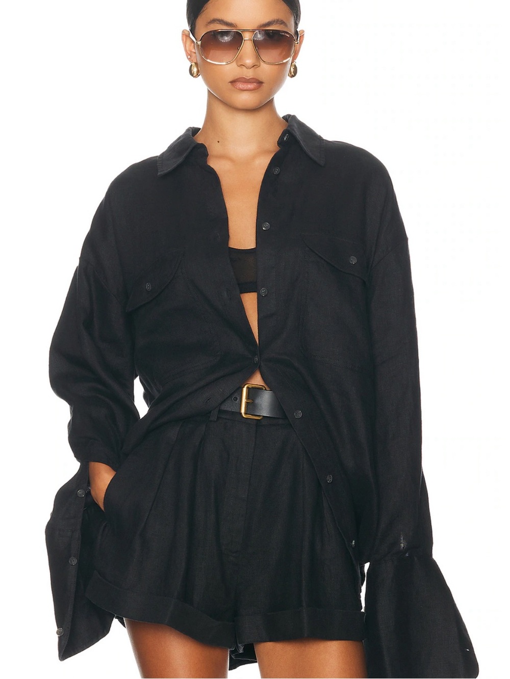Helsa Washed 100% Linen Shirt in Black Size: XXS/XS